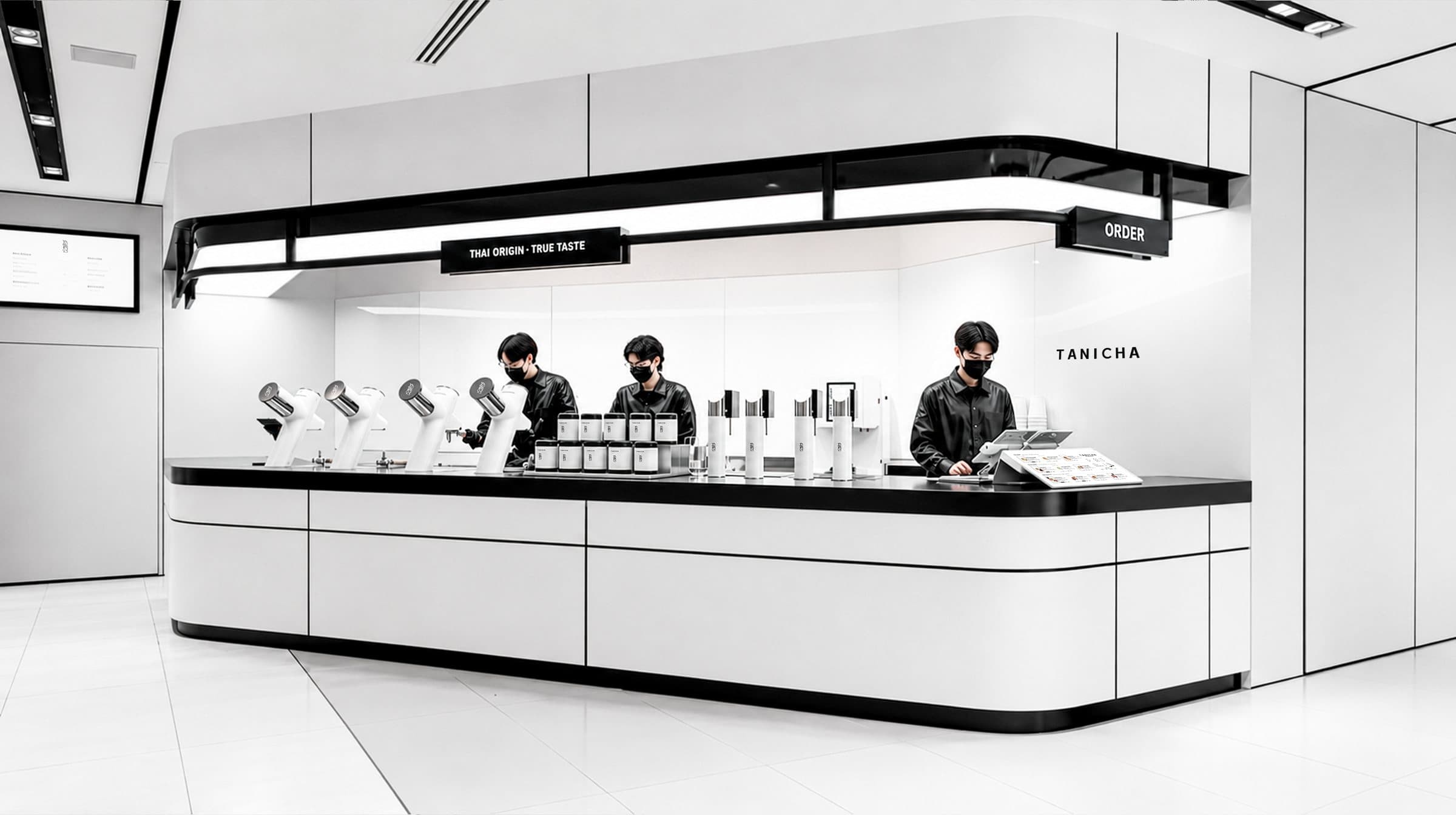 The TANICHA boutique counter — a minimal monochrome tea bar with baristas, under THAI ORIGIN · TRUE TASTE and ORDER signage.