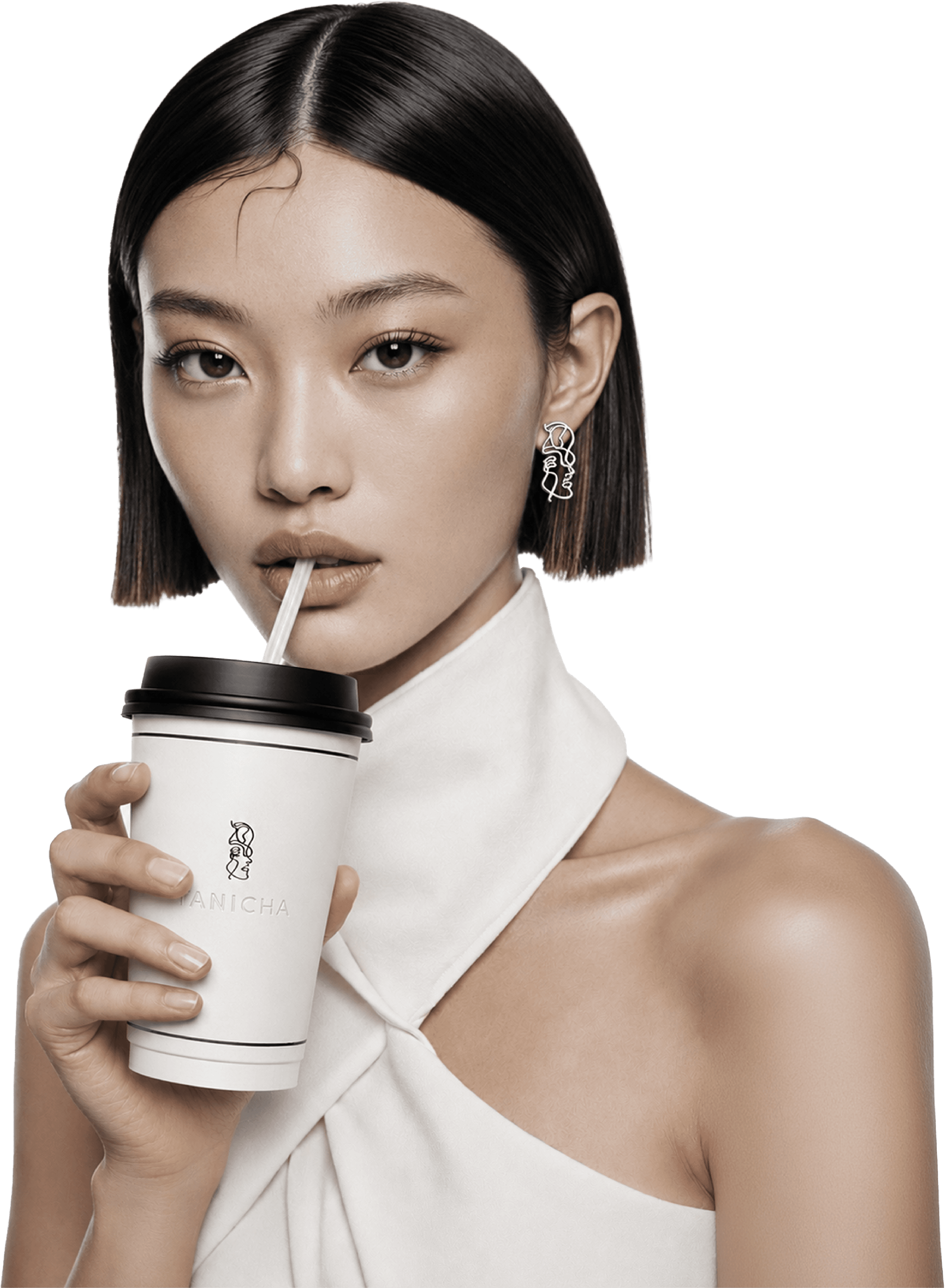 A TANICHA model sipping a TANICHA cup — Thai Origin. True Taste.