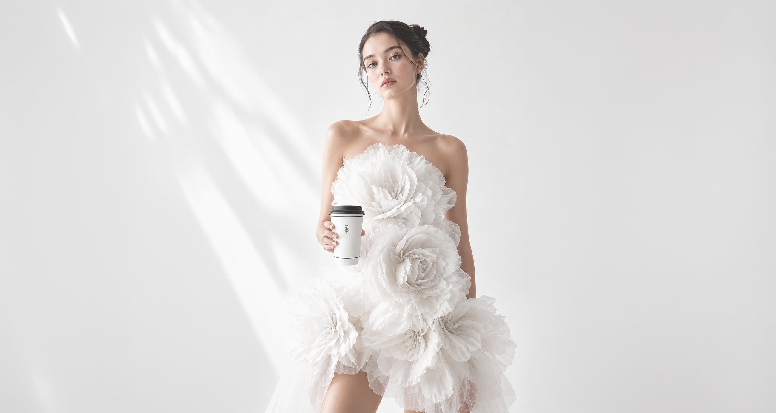 A TANICHA model in a white floral gown holding a TANICHA cup, lit by soft studio light.